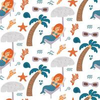 Seamless pattern with a mermaid relaxing under an umbrella, coral, palm tree, and seashell elements vector