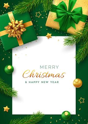 Christmas background with square paper banner, realistic gift boxes with green and golden bows, pine branches, gold stars and glitter confetti, balls bauble. Xmas background, greeting cards.