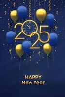 Happy New Year 2025. Hanging Golden metallic numbers 2025, watch with Roman numeral and countdown midnight with 3D festive helium balloons and falling confetti on blue background. vector