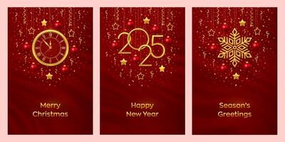Christmas card set. Happy New Year 2025. Gold numbers 2025, snowflake, watch with Roman numeral and countdown midnight, eve for New Year. Hanging stars, balls on red background. vector