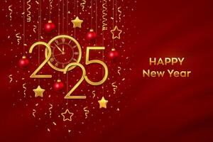 Happy New Year 2025. Gold metallic numbers 2025 and watch with Roman numeral and countdown midnight, eve for New Year. Hanging golden stars and balls on red background. vector