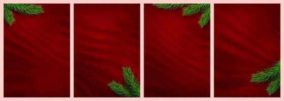 Christmas backgrounds set. Holiday pine and fir branches on red background. Festive Xmas and New Year background. Fir branch. Pine branch. Christmas card. vector
