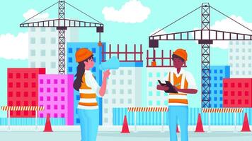 Two people standing in front of a construction site talk animation video