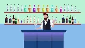 Cocktail bartender at the bar with bottles of alcohol animation video