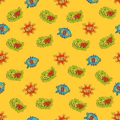 WTF, cool stickers, youth seamless pattern. background printing of trendy fabric, casual clothes, wrapping paper.