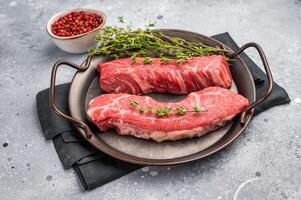 Raw Tri Tip Steak from Black Angus beef meat in stell tray. grey background. top view photo