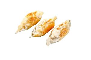 Fried Japanese gyoza dumplings. Isolated on white background. Top view. photo