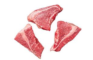 Raw sirloin beef steak, Rump steak cut on a grill skillet. Isolated, white background. photo