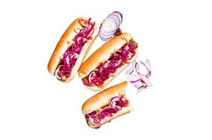 Street food - Vegan hot-dogs with cabbage and meatless sausage. Isolated on white background, top view. photo