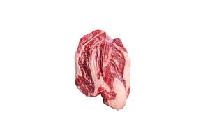 Raw Chuck Roll beef meat steaks on a wooden board with thyme. Gray background. Top view photo