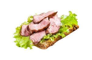 Steak sandwich with sliced roast beef, salad and vegetables. Isolated on white background, top view. photo