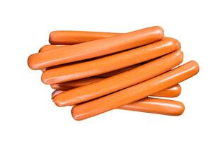 Raw frankfurter sausages on kitchen table. Isolated on white background. photo