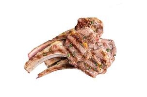 Grilled New Zealand Lamb Chops, mutton cutlets on wooden board. Isolated, white background. photo