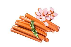 German raw Frankfurter sausages Isolated on white background, top view. photo
