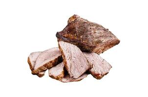 Roast Tri Tip or sirloin bottom beef steak on a plate with arugula. Isolated, white background. photo