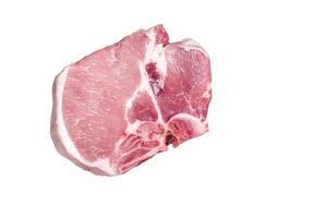 Uncooked Raw pork T bone chop meat steak on grill. Isolated on white background. photo