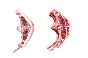 Raw lamb cutlets fresh cut Isolated on white background. Top view. photo