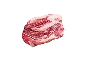 Raw Chuck Roll beef meat steaks on a wooden board with thyme. High quality Isolate, white background. photo