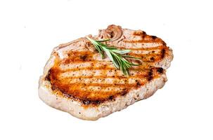 Grilled pork T bone chop meat steak. Isolated, white background. photo