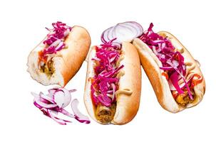 Street food - Vegan hot-dogs with cabbage and meatless sausage. Isolated on white background, top view. photo