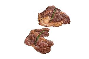 BBQ Grilled Chuck eye Roll beef steaks on grill. High quality Isolate, white background. photo