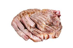 Grilled meat - Pork steaks from neck fillet meat in plate with pickled cucumbers. Isolated on white background. photo
