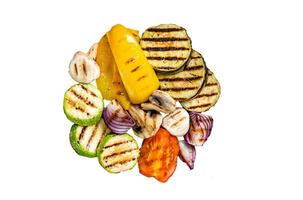 Grilled vegetables, bell pepper, zucchini, eggplant, onion and tomato. Isolated, white background. photo