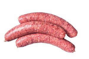 Raw beef meat sausages ready for cooking. Isolated on white background. photo