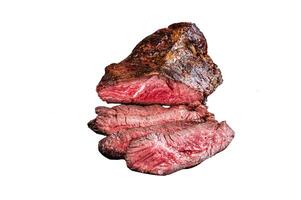 Grilled hanger or Onglet beef meat steak on a plate with thyme. Isolated, white background. photo