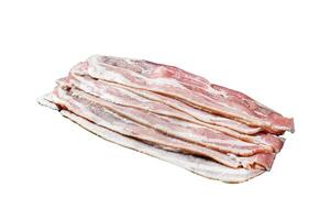 Raw bacon Isolated on white background. Top view. photo