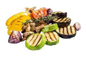 Seasonal summer Grilled vegetables on a grill, bell pepper, zucchini, eggplant, onion and tomato. Isolated, white background. photo