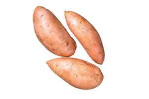 Raw sweet potatoes on kitchen table, fresh batata. Isolated on white background. photo