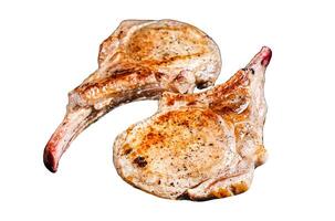 Fried tomahawk pork chop meat steak Isolated on white background, Top view. photo
