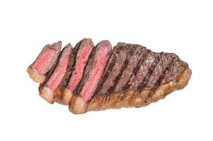Fried and sliced Top sirloin steak, Grilled cup rump beef meat steak. Isolated on white background. photo