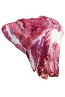 Raw lamb mutton thigh on butcher table. Isolated on white background photo