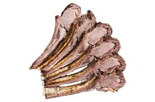 Grilled Lamb mutton Ribs Chops steaks Isolated on white background, top view. photo
