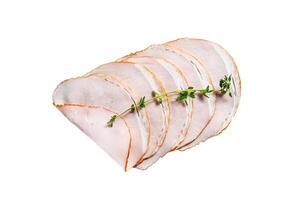 Cooked pastrami pork, gourmet ham. Isolated on white background. photo