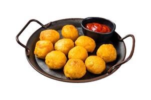 Potato croquettes, mashed potatoes balls breaded and deep fried. Isolated on white background. photo