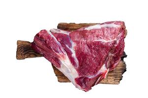 Raw lamb mutton thigh on butcher table. High quality Isolate, white background. photo