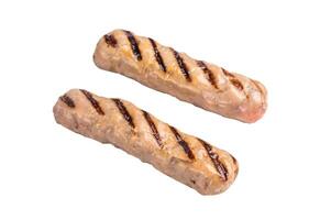 Grilled sausages with beef and pork meat isolated on white background photo