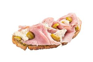 Open Sandwich with Prosciutto Cotto, mozzarella and olives isolated on white background. top view photo