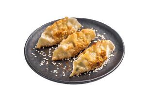 Fried Chinese Dumplings Jiaozi with shrimps and vegetables on plate isolated on white background. top view photo