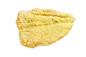 Raw Breaded German Weiner Schnitzel. Isolated on white background. Top view. photo