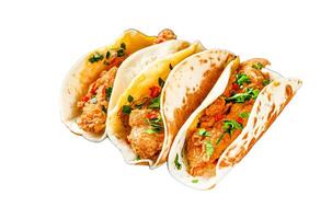 Traditional Mexican tacos with meat and vegetables. Isolated on white background. Top view. photo