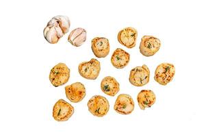 BBQ Seared scallops with butter sauce Isolated on white background, top view. photo