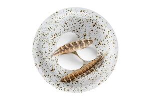 White background with white eggs and feathers. Isolate, white background. photo