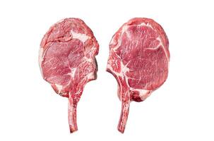 Raw Tomahawk beef veal steak Isolated on white background, top view. photo