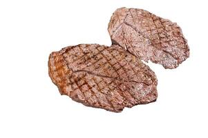 BBQ Grilled beef meat sirloin steaks on grill. High quality Isolate, white background. photo