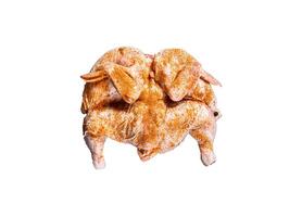 Raw tabaka chicken in pan. Isolated on white background. photo