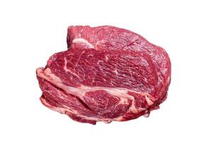 Raw Chuck eye roll beef steak on butcher table. Isolated on white background. photo
